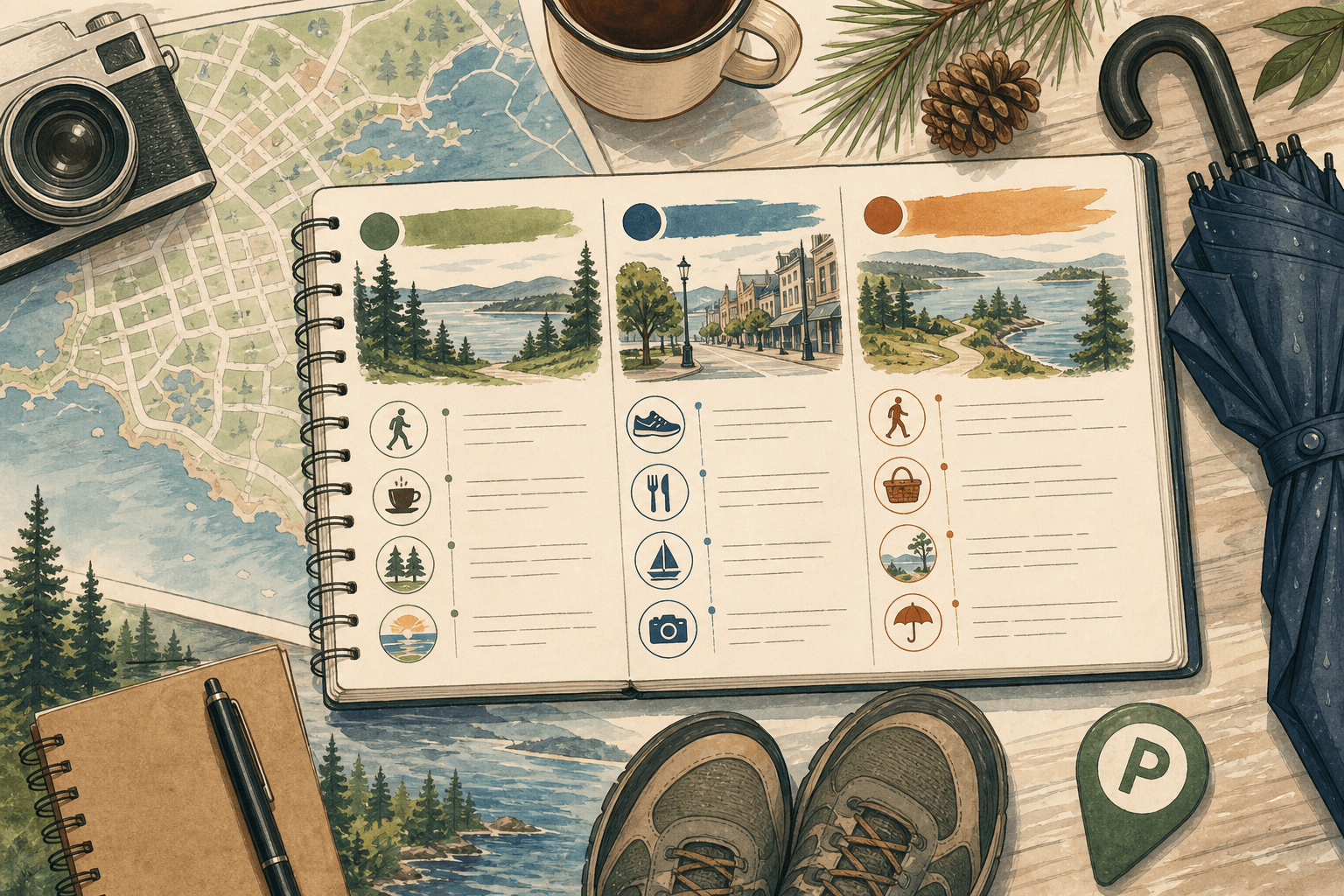 Follow a practical three-day Traverse City route with named stops, drive-time ranges, parking links, reservations, and rain backups.