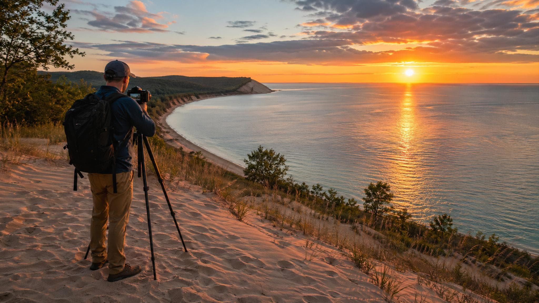 A practical Traverse City photo-location guide for sunset, murals, dunes, lighthouses, Milky Way planning, fall color, and scenic northern Michigan shots.